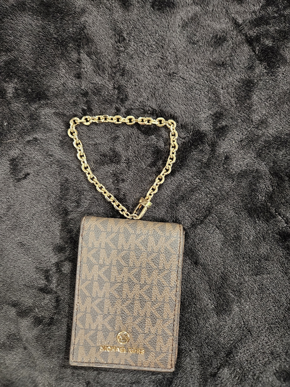 Michael Kors Brown MK Monogram Card Holder with Gold Chain Strap